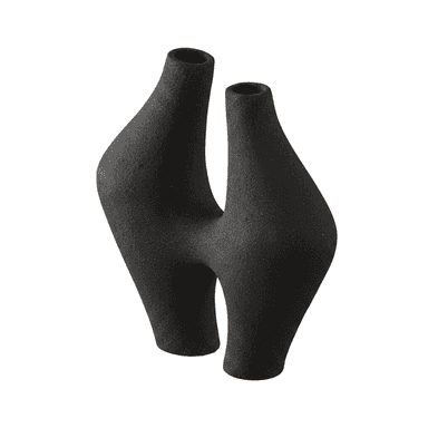 A modern abstract sculptural object, appearing to be a dual vase or decorative piece, rendered in matte black with a textured, granular surface. It features two distinct, elongated openings that converge at a central point, forming a biomorphic or hourglass-like shape. The design is minimalist yet striking, suitable for contemporary decor. — 3D model (AI enhanced source)