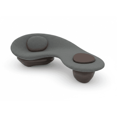 A modern, organic-shaped lounge seating unit featuring grey fabric upholstery, a sculptural dark brown base, and an integrated circular side table. — 3D model (AI enhanced source)