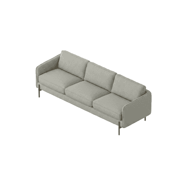 A modern three-seater sofa upholstered in a light grey fabric, featuring three distinct back cushions and three seat cushions. The sofa has slim, straight track arms that are upholstered in the same fabric as the body. It is supported by four slender, tapered metal legs with a brass or gold finish, providing a clean, elevated look. The overall design emphasizes minimalism and contemporary aesthetics. — 3D model (AI enhanced source)