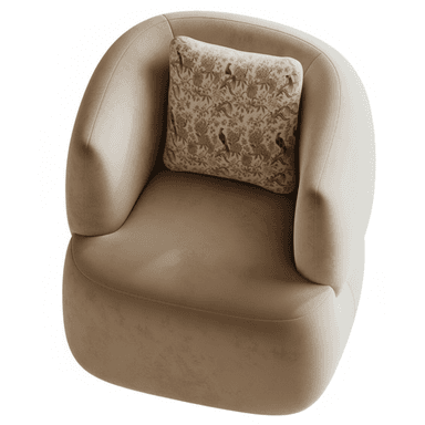 A contemporary upholstered accent chair featuring a rounded, enveloping silhouette with integrated armrests. The chair is covered in a soft, light beige fabric, and includes a decorative throw pillow with a multi-colored bird and floral pattern. — 3D model (AI enhanced source)