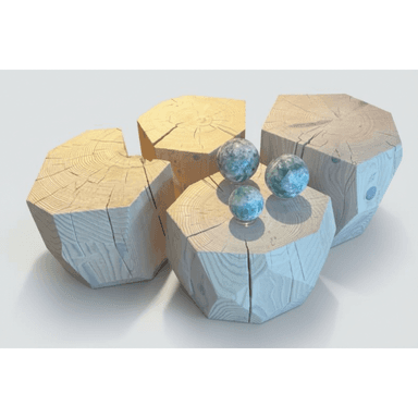 A set of four hexagonal accent tables crafted from natural wood logs, featuring visible grain and organic textures. Three decorative spheres rest on one of the tables. — 3D model (AI enhanced source)