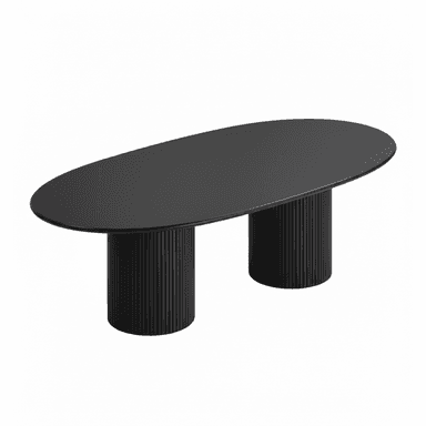 A sleek, modern oval table featuring a matte black finish. The tabletop is elongated and rests upon two substantial cylindrical pedestal bases, each characterized by precise vertical fluting detail. The overall design emphasizes a minimalist yet textured aesthetic. — 3D model (AI enhanced source)