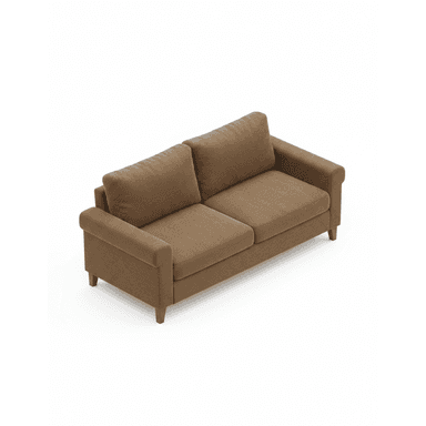 A two-seater sofa with a brown textured upholstery. The sofa features rolled arms, plush seat and back cushions, and short wooden legs. The design appears to be contemporary with a classic silhouette. The upholstery has a fine corduroy-like texture. — 3D model (AI enhanced source)