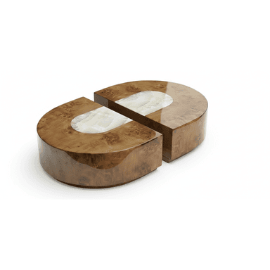A set of two semi-circular, low-profile coffee tables featuring a highly polished burled wood veneer finish and contrasting light-colored, possibly onyx or marble, inset tops. The tables are designed to be used individually or combined to form a larger, rounded coffee table. — 3D model (AI enhanced source)