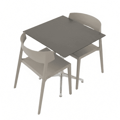 A modern dining set comprising a square tabletop and two chairs. The tabletop has a dark, matte finish and is supported by a central pedestal base with four feet. The chairs are molded, with a simple, curved backrest and four legs. The overall design suggests a contemporary aesthetic suitable for compact dining areas or cafes. — 3D model (AI enhanced source)