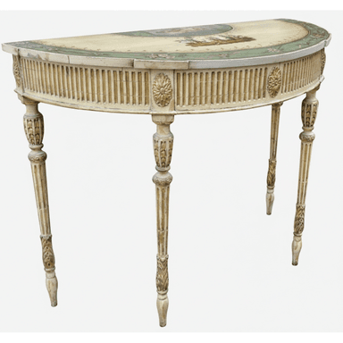 A semi-circular console table with four tapered legs. The table features a decorative painted scene on its surface and an ornate, slatted apron with floral rosettes at the corners where the legs attach. The legs are carved with intricate detailing. — 3D model (AI enhanced source)