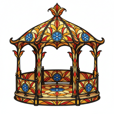 An intricately designed gazebo featuring a domed, multi-tiered roof and walls constructed from vibrant stained glass panels. The structure is supported by slender black metal columns and includes a raised base and balustrade also adorned with stained glass. The patterns showcase rich autumnal colors like reds, oranges, and yellows, accented by prominent blue floral motifs. — 3D model (AI enhanced source)