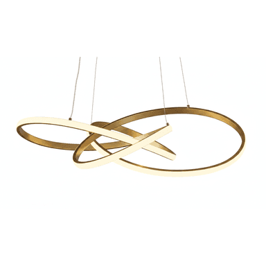 A modern, abstract pendant light featuring multiple interlocking circular and elliptical rings with an integrated LED light source and a brass-tone finish. — 3D model (AI enhanced source)