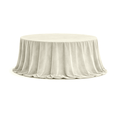 A minimalist, digitally rendered image of a round table fully enveloped by a cream-colored, floor-length tablecloth. The fabric drapes in soft, vertical pleats, pooling slightly at the base, completely obscuring the table's structure beneath. The object is presented against a plain white background. — 3D model (AI enhanced source)