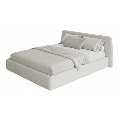 A modern, low-profile upholstered bed frame with a simple rectangular headboard and a matching base. The bed is dressed with light-colored bedding, including sheets, a duvet, and two standard pillows and one bolster pillow, all in neutral tones. — 3D model (AI enhanced source)
