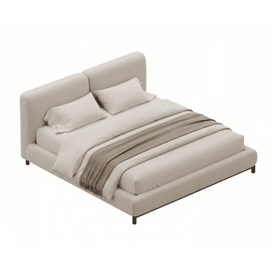 A modern upholstered platform bed featuring a low profile and a subtly curved headboard, presented with neutral-toned bedding on a white background. — 3D model (AI enhanced source)
