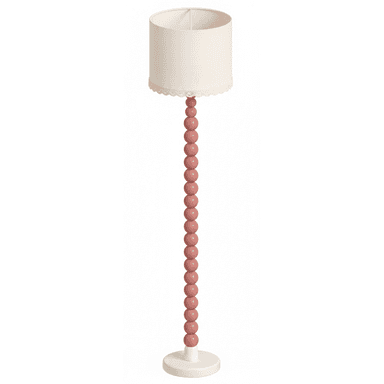 A tall floor lamp featuring a column made of uniformly sized pink beads, a round white base, and a cream fabric drum shade with a delicate lace trim. — 3D model (AI enhanced source)