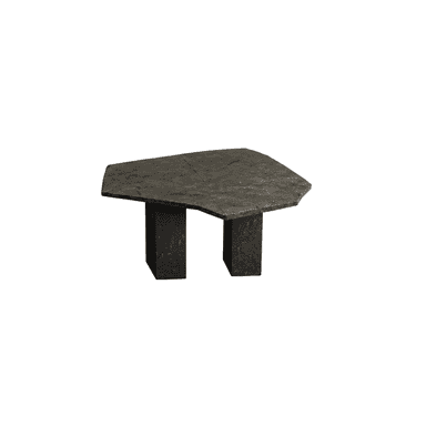 A low-profile coffee table featuring an irregularly shaped polygon top and two solid rectangular block bases, all crafted from a dark, textured stone material. — 3D model (AI enhanced source)