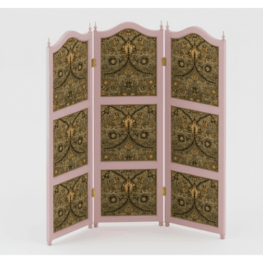 A three-panel folding room divider featuring a light pink wooden frame with ornate, intricately patterned textile panels. Each panel is hinged to allow for folding and positioning. The top edges of the panels have a scalloped design, and decorative finials are present at the top and bottom of the vertical supports, enhancing its traditional aesthetic. The textile features a dense, multi-colored pattern primarily in shades of green, gold, and dark accents. — 3D model (AI enhanced source)