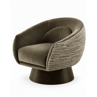 A contemporary barrel swivel lounge chair featuring olive green velvet upholstery on the interior and a textured woven fabric on the exterior sides. It rests on a dark wood plinth base. — 3D model (AI enhanced source)