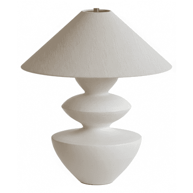 A modern sculptural table lamp featuring an off-white conical fabric shade atop a similarly colored, tiered ceramic base. The base has an organic, curvilinear form, consisting of three distinct sections that narrow and widen, creating a stacked, fluid silhouette. A small brass accent is visible at the very top, connecting the shade to the lamp's body. The overall aesthetic is minimalist and contemporary, emphasizing form and texture. — 3D model (AI enhanced source)
