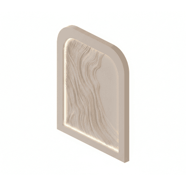 A vertical, arched wall-mounted decorative panel featuring a three-dimensional relief design resembling flowing lines or fabric. It is illuminated along its inner perimeter by a concealed light source, creating a soft glow that highlights the texture. The frame is a light, neutral color. — 3D model (AI enhanced source)