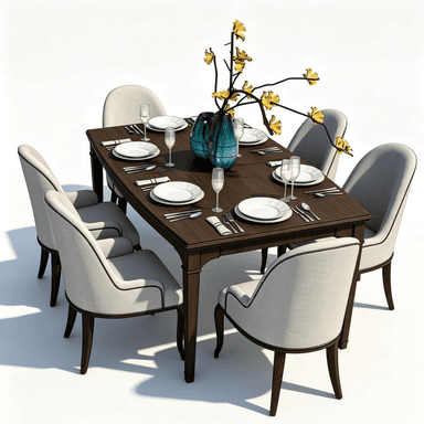 A complete dining set featuring a rectangular dark wood table with a classic profile and six matching upholstered dining chairs. The chairs are covered in a light-colored fabric with prominent dark piping detail along the edges and are supported by dark wooden legs that complement the table's finish. The table is presented fully set with white dinnerware, glassware, and cutlery, and is adorned with two teal decorative vases containing yellow floral branches. — 3D model (AI enhanced source)