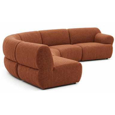 A contemporary modular U-shaped sectional sofa featuring a plush, rounded design and upholstered in a warm, textured terracotta fabric. The sofa comprises several individual components, including a curved corner piece, armless sections, and an armrest section, allowing for flexible configurations. Its low-profile silhouette and soft lines contribute to a comfortable and inviting aesthetic. — 3D model (AI enhanced source)