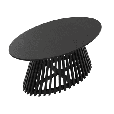 A modern black oval coffee table featuring a sculptural base composed of numerous vertically oriented slats forming a tapered, conical shape, supporting a smooth oval tabletop. — 3D model (AI enhanced source)