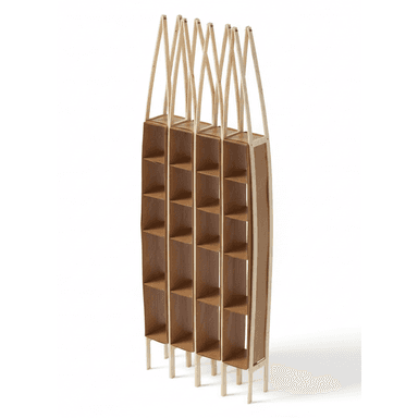 A tall, slender, modular shelving unit constructed primarily from light-colored plywood. It features multiple vertical sections, each with numerous small cubbies for storage or display. The top portion of the unit is characterized by a distinctive, open, slatted wooden framework, adding a unique architectural element. The entire unit is supported by slender, splayed wooden legs. — 3D model (AI enhanced source)