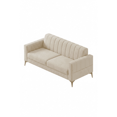 A cream-colored, two-seater sofa featuring channel tufting on its backrest and armrests, supported by slender, tapered golden metal legs. The sofa has a sleek, modern aesthetic with clean lines and plush, individual seat cushions. — 3D model (AI enhanced source)