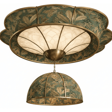 A decorative tiered ceiling light fixture featuring an elaborate design. The upper component is a wide, scalloped semi-flush mount with a central frosted light diffuser. Its exterior is covered in dark green fabric adorned with a detailed botanical and jungle-themed print, framed by antiqued brass-toned metal. Suspended from the center of this main fixture by a short chain is a smaller, inverted dome-shaped shade, which is also upholstered in the matching botanical print fabric and framed with brass accents. — 3D model (AI enhanced source)