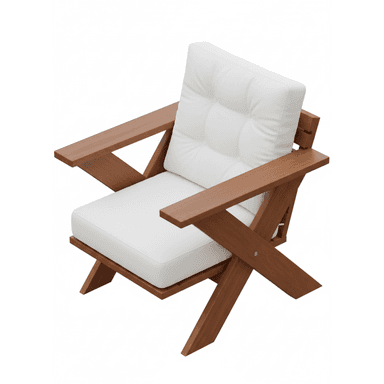 A modern lounge chair featuring a robust wooden frame and thick, tufted white cushions. The frame is constructed with wide, flat armrests and distinctive X-shaped side supports, creating a low-slung and sturdy profile. The design emphasizes comfort and a clean, contemporary aesthetic. — 3D model (AI enhanced source)