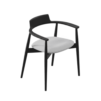 A modern dining chair with a black wooden frame, featuring a gently curved backrest that integrates into armrests, and an upholstered light grey seat cushion. The legs are tapered. — 3D model (AI enhanced source)