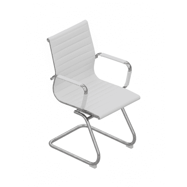 A modern white ribbed armchair featuring a distinctive sled base and integrated armrests, rendered against a plain white background. The chair has a minimalist aesthetic, with horizontal ribs on both the seat and backrest providing texture and a streamlined appearance. The frame and armrests are constructed from polished chrome-plated metal, creating a sleek contrast with the white upholstery. — 3D model (AI enhanced source)