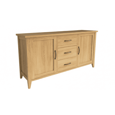 A light-colored wooden sideboard featuring two cabinet doors, one on each end, and three stacked drawers in the center. The piece rests on short, tapered block legs and is fitted with dark metal pull handles on all doors and drawers. The overall design is clean and contemporary, emphasizing natural wood grain. — 3D model (AI enhanced source)