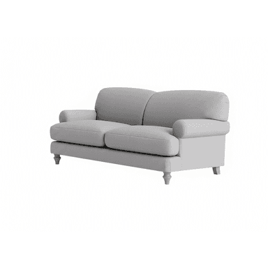 A two-seater sofa with rolled arms and upholstered cushions. It features a light grey textured fabric and is supported by four turned wooden legs, two of which are clearly visible. — 3D model (AI enhanced source)