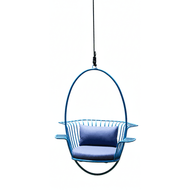 A blue powder-coated metal wireframe hanging chair with matching blue fabric seat and back cushions, suspended by a rope. — 3D model (AI enhanced source)