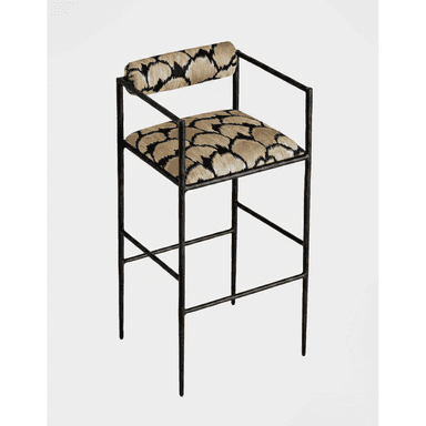 A modern bar stool featuring a slender black metal frame, an upholstered seat, and a cylindrical upholstered backrest. It includes integrated armrests and a built-in footrest. The upholstery features a distinctive geometric pattern in shades of beige/tan and black. — 3D model (AI enhanced source)