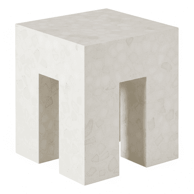A monolithic cube-shaped side table crafted from light-toned terrazzo. The table features a solid top surface and two thick, rectangular legs formed by deep, symmetrical U-shaped cutouts on opposing sides, giving it an open yet sturdy appearance. The terrazzo material is composed of a light cream or off-white matrix embedded with irregular, lighter-colored aggregate chips, creating a speckled texture across all visible surfaces. — 3D model (AI enhanced source)