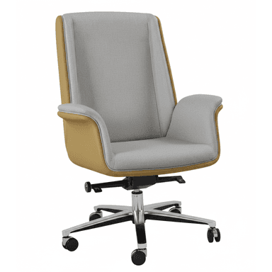 A modern office chair featuring a high back, padded seat, and fixed armrests. The chair is upholstered in a two-tone design, with the interior surfaces (seat, back, and top of armrests) in a light grey fabric, and the exterior surfaces (sides of back and armrests, underside of seat) in a tan or camel-colored material, likely faux leather. It rests on a polished chrome five-star swivel base with black casters and includes a visible lever for height adjustment. — 3D model (AI enhanced source)