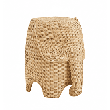 A light brown, natural wicker or rattan storage basket crafted in the shape of an elephant, featuring a removable lid that forms the top of the elephant's head and back. The design includes a curved trunk, distinct ear shapes, and four stout legs, all meticulously hand-woven. — 3D model (AI enhanced source)