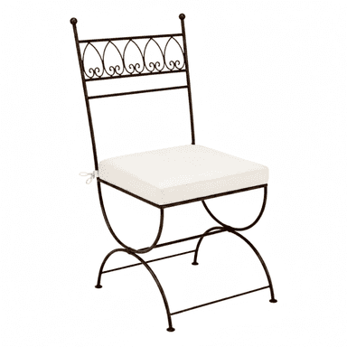 A dark brown metal side chair with a padded white cushion. The chair features decorative scrollwork and arched legs. The backrest has a series of arched motifs with scroll accents. A white cushion is secured to the seat. — 3D model (AI enhanced source)