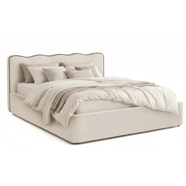 A contemporary upholstered platform bed featuring a distinctive scalloped headboard with contrasting black piping, creating a playful yet sophisticated silhouette. The entire bed frame, including the headboard and footboard, is covered in a cream or off-white fabric, suggesting a soft, inviting aesthetic. The low-profile platform design eliminates the need for a box spring, supporting the mattress directly. The bed is dressed with matching cream bedding and various accent pillows, enhancing its plush appearance. — 3D model (AI enhanced source)