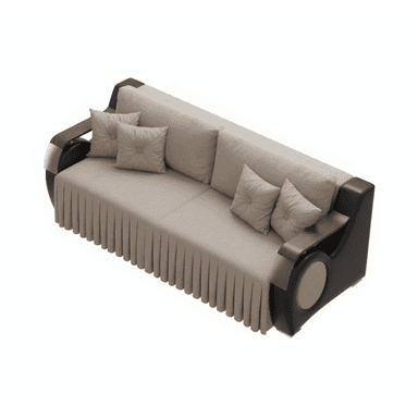 A sophisticated sofa featuring light beige fabric upholstery, a pleated skirt, and distinctive dark-toned curved armrests with wooden tops and metallic accents. — 3D model (AI enhanced source)