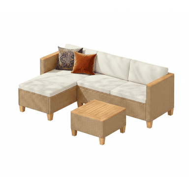 A modern outdoor L-shape sectional sofa set featuring a chaise lounge section, a three-seater section, and a matching low coffee table. The frames of the sofa and table are constructed from woven light brown synthetic rattan or natural wicker, complemented by light wood armrests, table top slats, and block legs. The sofa is outfitted with thick, light cream-colored seat and back cushions. Two decorative throw pillows, one patterned and one solid orange, are placed on the chaise lounge. The set is designed for outdoor use, offering comfortable and stylish seating. — 3D model (AI enhanced source)