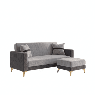 A modern two-seater sofa featuring a two-tone gray velvet upholstery, accompanied by a matching ottoman. The sofa has a low-profile design with sleek, straight arms and backrest, and is elevated by slender, gold-capped wooden legs. Two throw pillows with brown stripe detailing are included. The ottoman mirrors the sofa's design, featuring the same two-tone velvet and gold-capped legs. — 3D model (AI enhanced source)