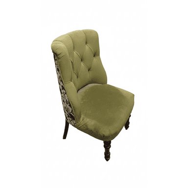 A tufted armchair with a high back and upholstered seat and sides. The main upholstery is a solid olive green velvet, while the back and sides feature a contrasting floral fabric in shades of burgundy, green, and cream. The chair has four turned wooden legs in a dark stain. — 3D model (AI enhanced source)
