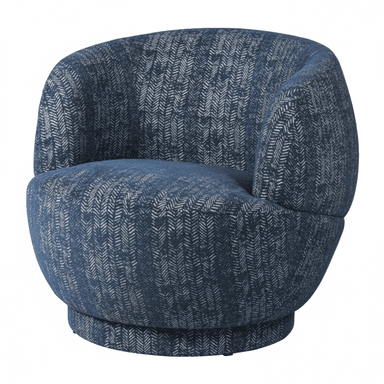 An upholstered barrel-shaped accent chair featuring a distinctive blue and off-white herringbone patterned fabric. The chair has a continuous, rounded back that flows into integrated armrests and sits on a low-profile, recessed base, suggesting a swivel function. — 3D model (AI enhanced source)