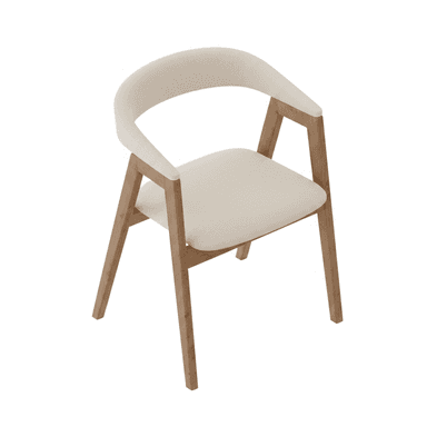 A contemporary armchair featuring a light-toned wooden frame and cream-colored upholstered seat and backrest. The backrest curves seamlessly to form integrated armrests, and the legs are slender and tapered. — 3D model (AI enhanced source)