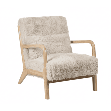 A contemporary lounge chair featuring a light-toned natural wood frame and plush, shaggy faux fur upholstery in an off-white or cream color. The design emphasizes comfort and a cozy aesthetic, suitable for modern interior settings. The frame has clean lines with rounded armrests and tapered legs. — 3D model (AI enhanced source)