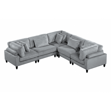 A modern L-shaped sectional sofa upholstered in grey corduroy fabric. The sofa features a modular design with individual components forming a corner configuration. It includes multiple loose back cushions and additional throw pillows, all covered in the same ribbed corduroy material. The sofa rests on short, tapered black legs. — 3D model (AI enhanced source)