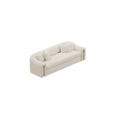 A modern three-seater sofa featuring a distinctive curved silhouette and rolled arms, upholstered in a cream-colored fabric. The arms are accented with subtle brass details at the front base. It has a single, long seat cushion and two loose back cushions. — 3D model (AI enhanced source)