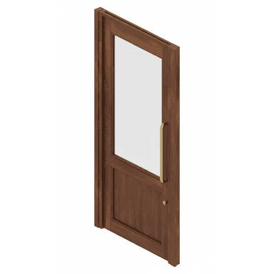 A wooden door with a glass pane and a brass handle. The door features a central vertical wooden panel below a larger rectangular glass insert. The wooden frame has a subtle beveled edge detail. A gold-toned pull handle is mounted horizontally on the right side, and a small round knob or lock escutcheon is visible lower down. — 3D model (AI enhanced source)