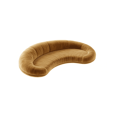 A crescent-shaped sofa featuring deep channel tufting, upholstered in a rich golden-brown velvet fabric. The design is low-profile with a continuous, sculptural form that serves as both backrest and armrest. — 3D model (AI enhanced source)